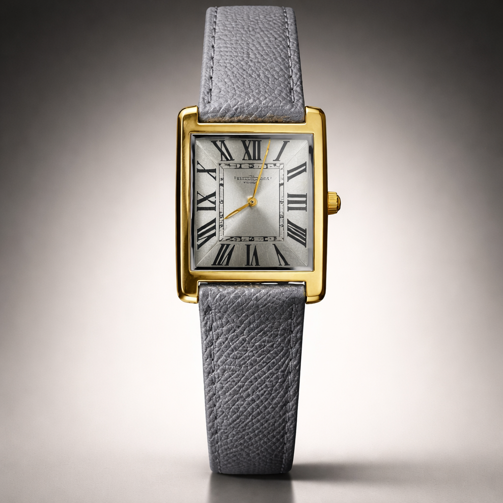 Cartier Elegant Rectangular Gold Watch with Grey Leather Strap – Classic Roman Dial