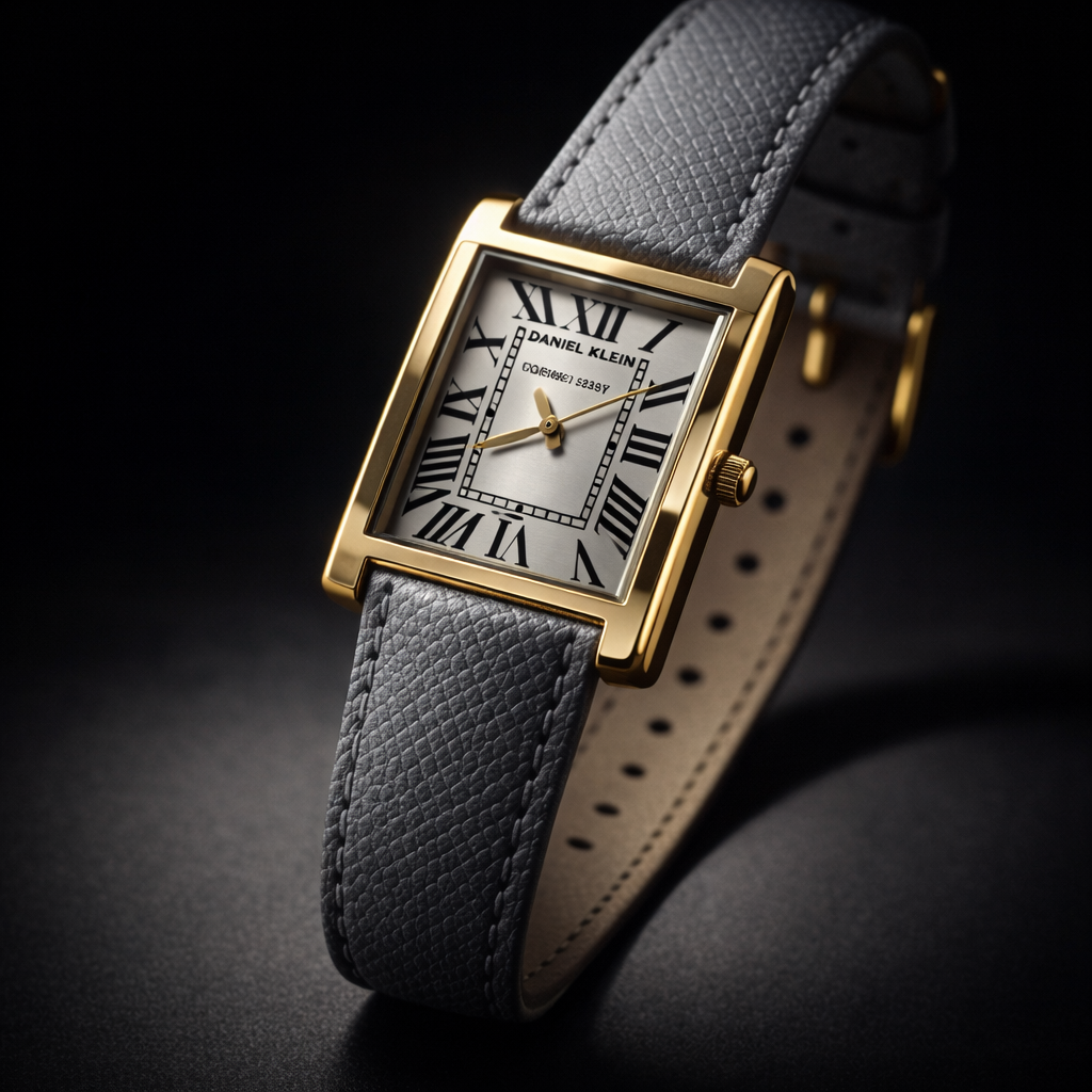 Cartier Elegant Rectangular Gold Watch with Grey Leather Strap – Classic Roman Dial