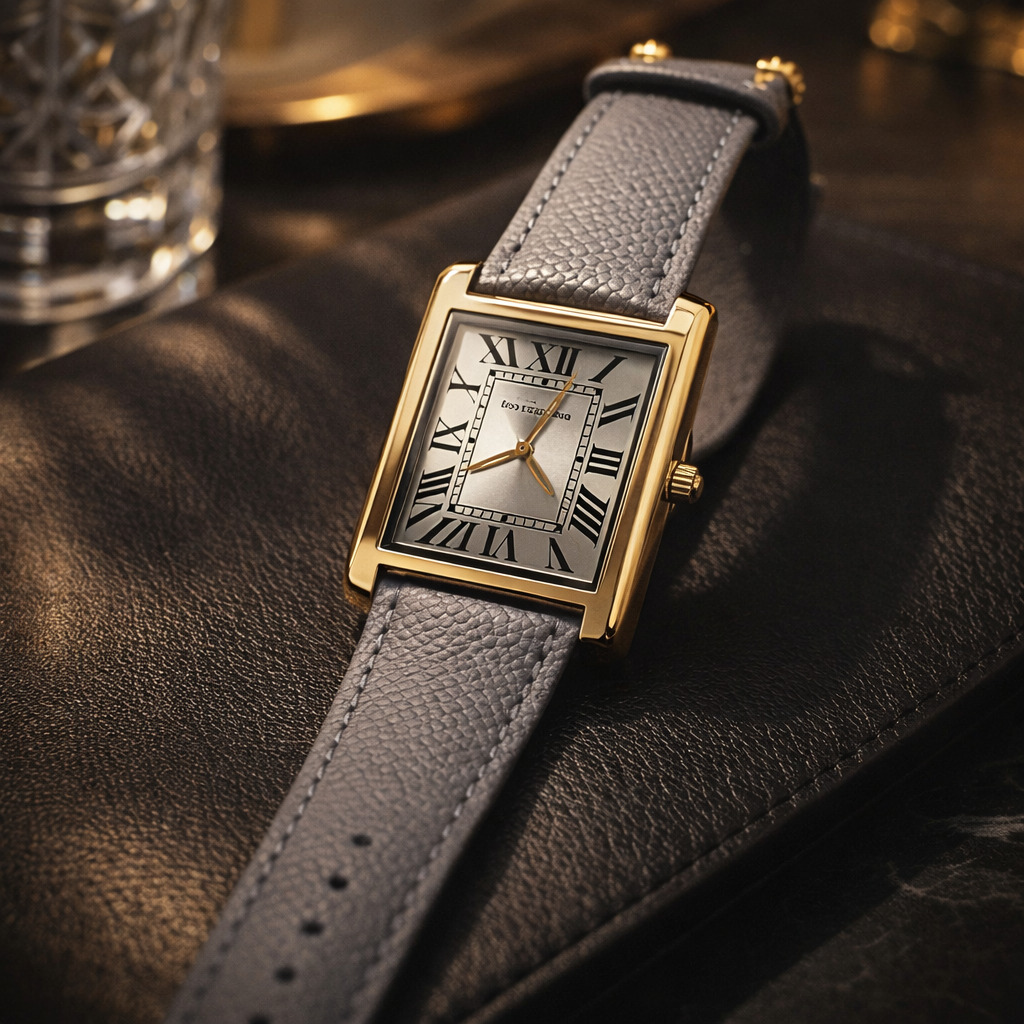 Cartier Elegant Rectangular Gold Watch with Grey Leather Strap – Classic Roman Dial