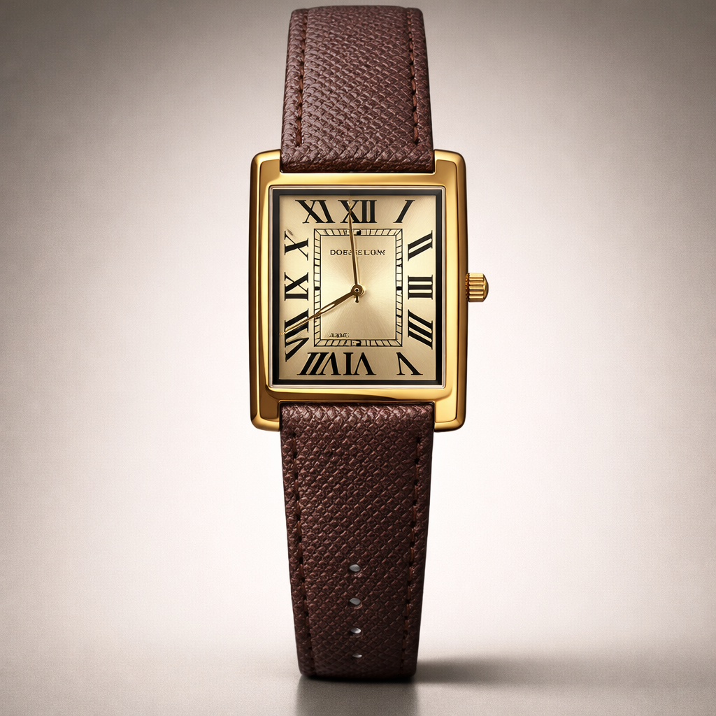 Cartier Classic Gold Rectangular Watch with Brown Leather Strap – Roman Dial Edition