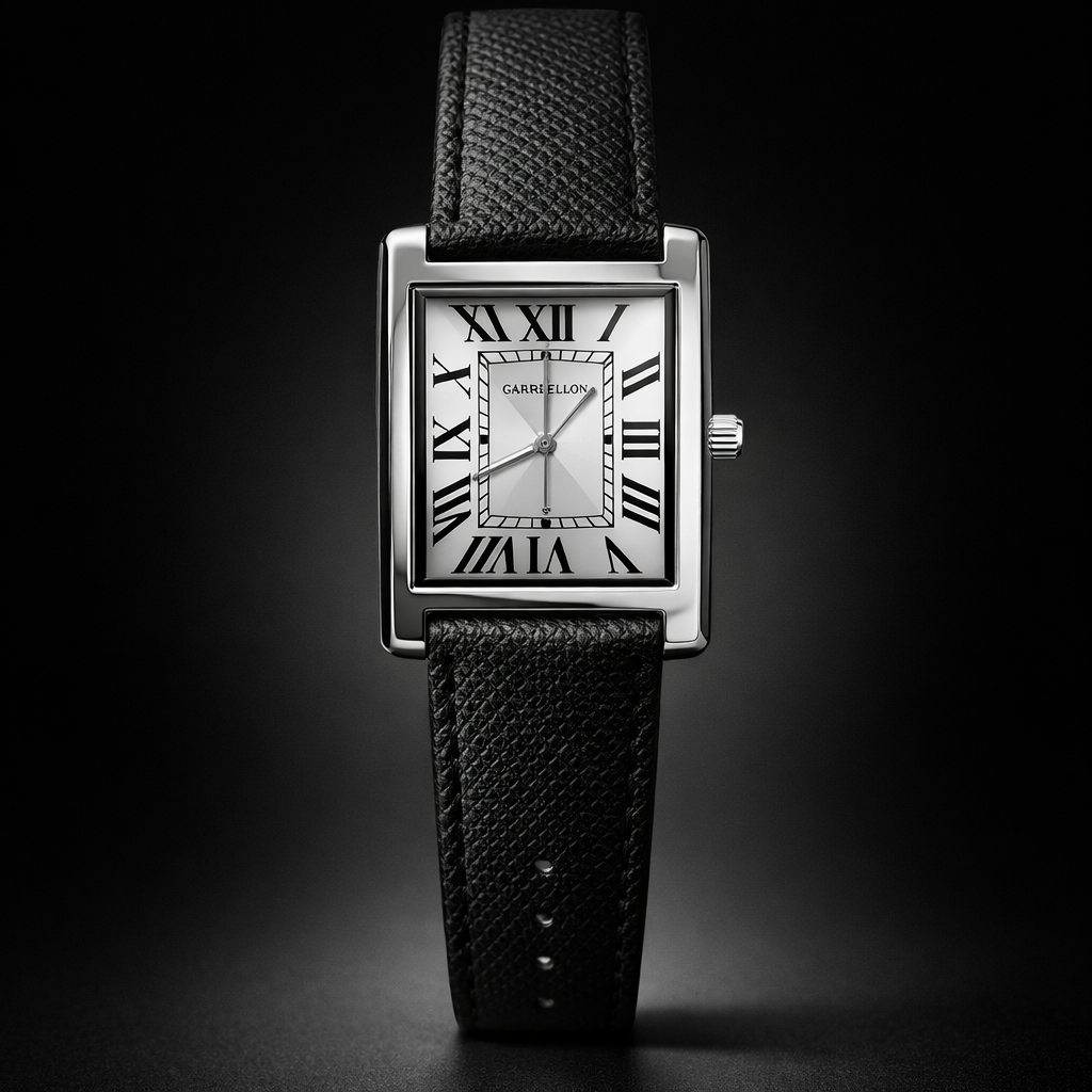 Cartier Silver Rectangular Classic Watch with Black Leather Strap – Roman Dial Design