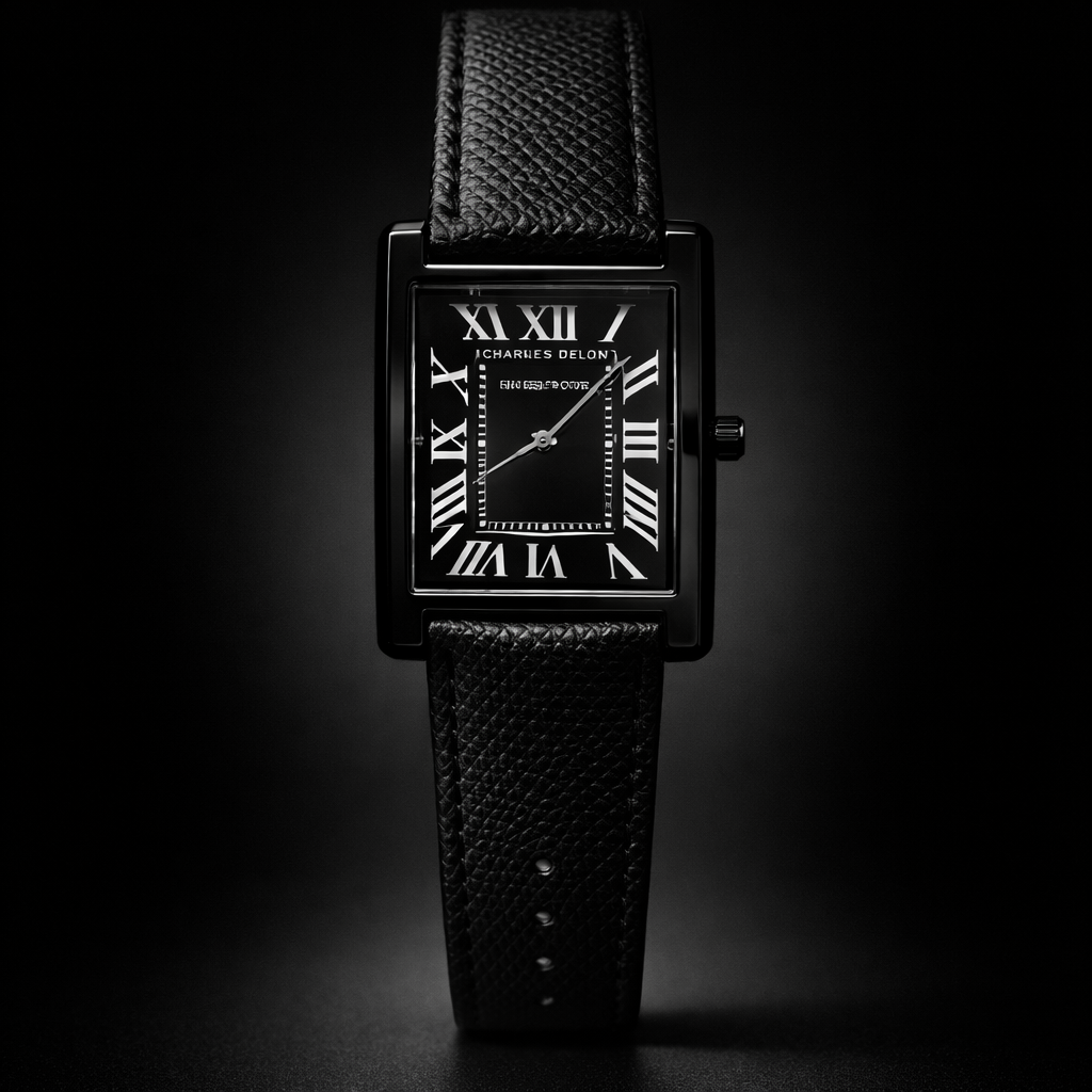 Cartier All-Black Rectangular Watch with Black Leather Strap – Bold Roman Dial