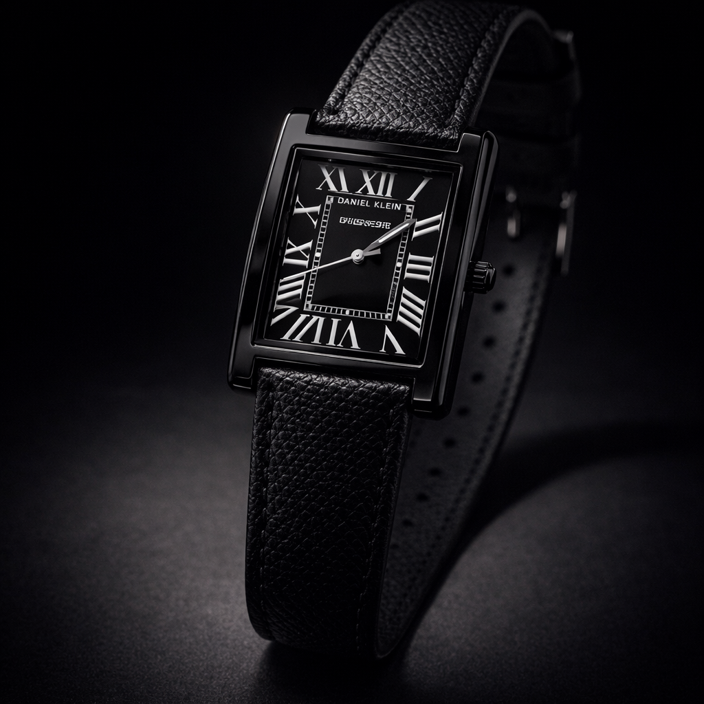 Cartier All-Black Rectangular Watch with Black Leather Strap – Bold Roman Dial
