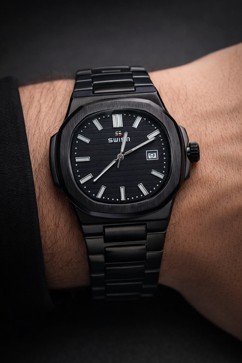 WISH Men’s All-Black Stainless Steel Wristwatch – Minimal Dial with Date Display